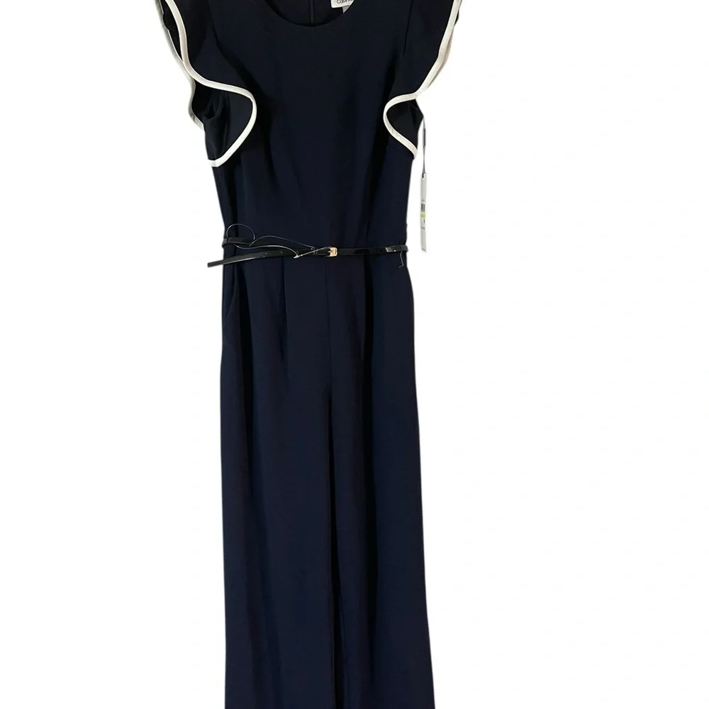 NWT Calvin Klein Navy White Accents Belted Wide Leg Jumpsuit  Women Size 4 - Picture 2 of 9